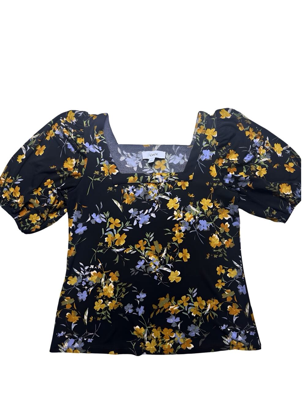CeCe Black Floral Yellow/ Lavender Square Neck Puff Sleeve Blouse Size Small